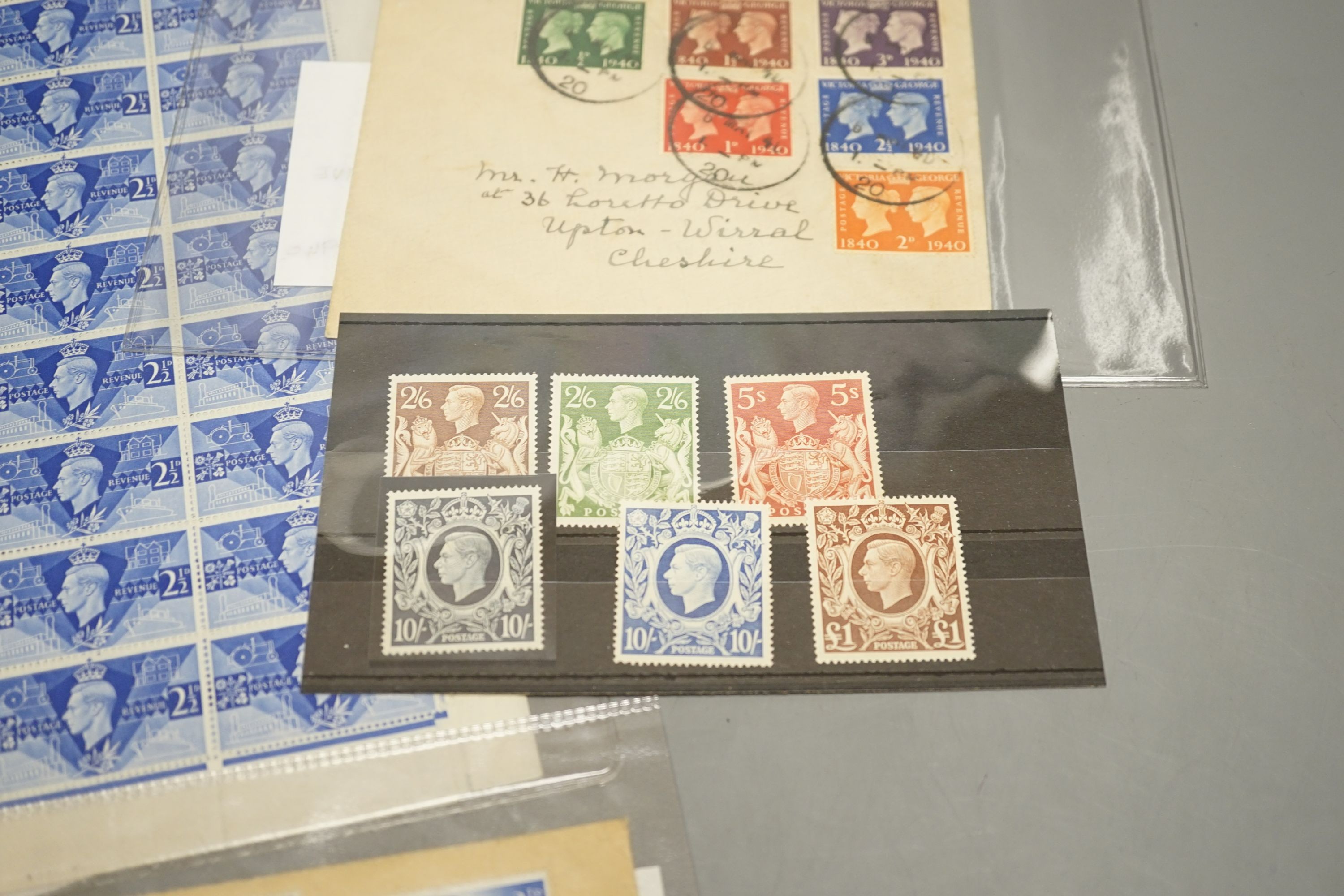 Great Britain 1939-48 set of high values u/m, 1948 Silver Wedding £1 - three u/m pairs and set on illustrated F.D. cover. mint blocks 1946 Victory 2½ and 3d